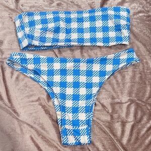Blue and Pink Gingham Bandeau Bikini Set